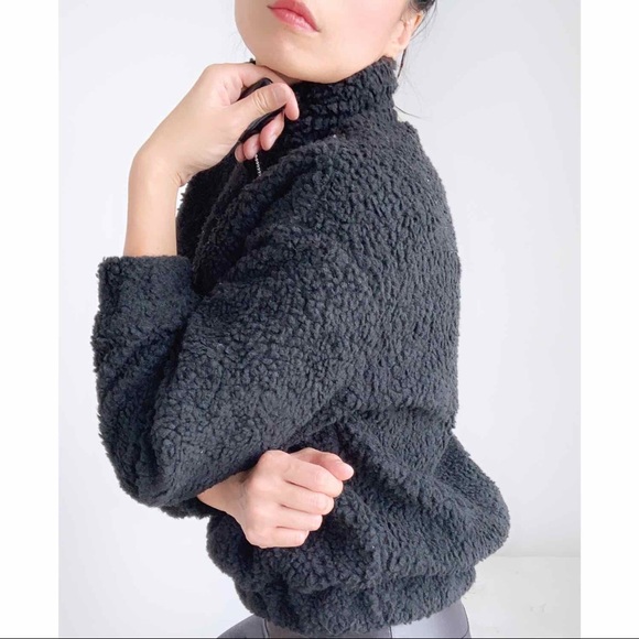 TEDDY SHEARLING HALF ZIP SWEATER  - BLACK - Picture 2 of 7